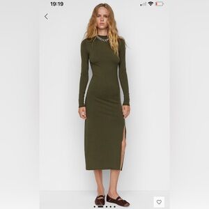 Olive Khaki Green Long Sleeve Midi Dress with side slit